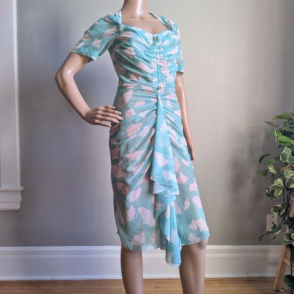 Anthropologie Beguile by Byron Lars Gingko Green Midi Dress Ruching Designer 2 - Picture 4 of 13